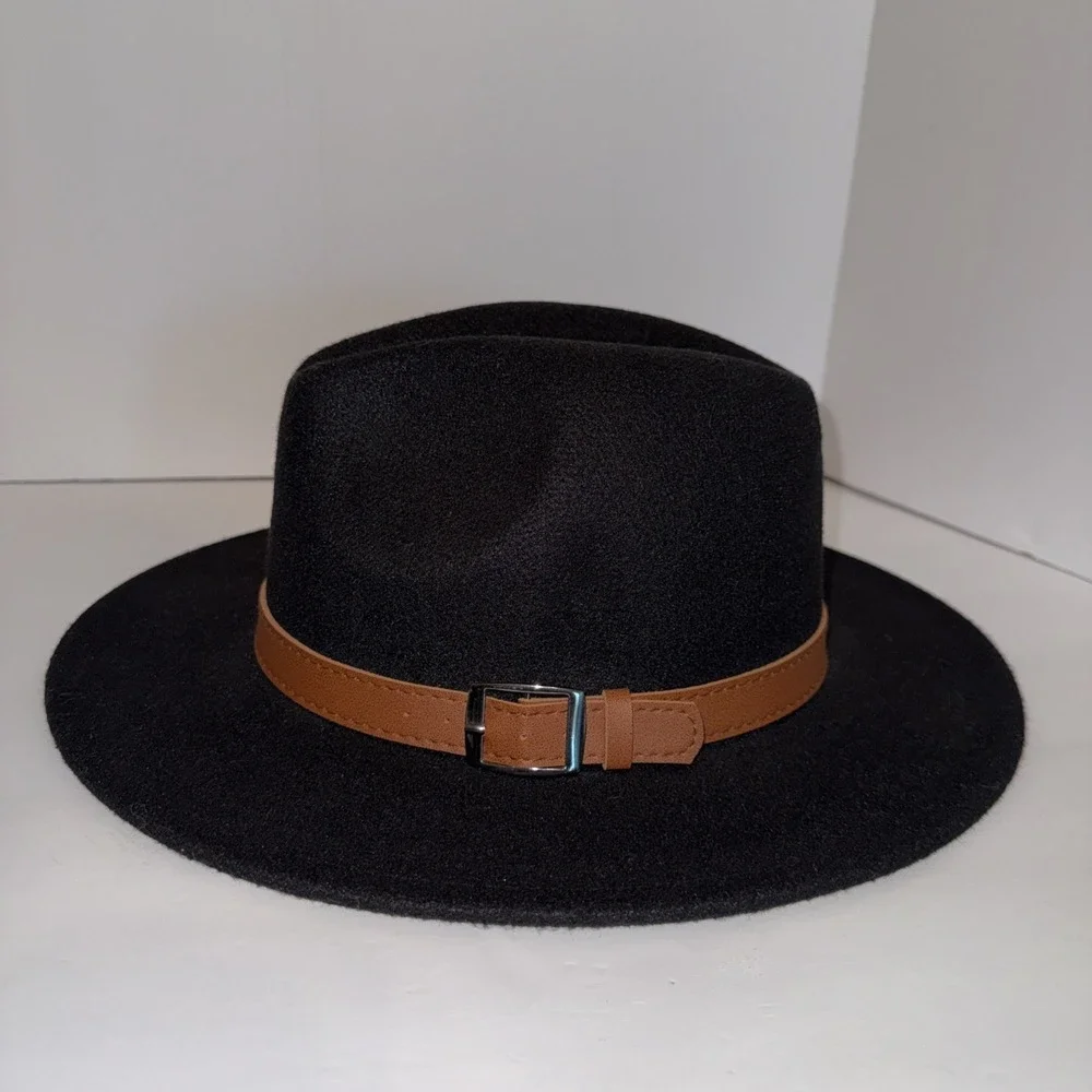 Pengcheng Womens‎ Fedora Trilby Hat Camel Wool Blend Buckle Black Boho One Size